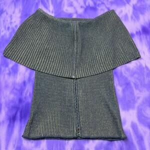 Linda Lundstrom green and blue striped zip up off shoulder knit top